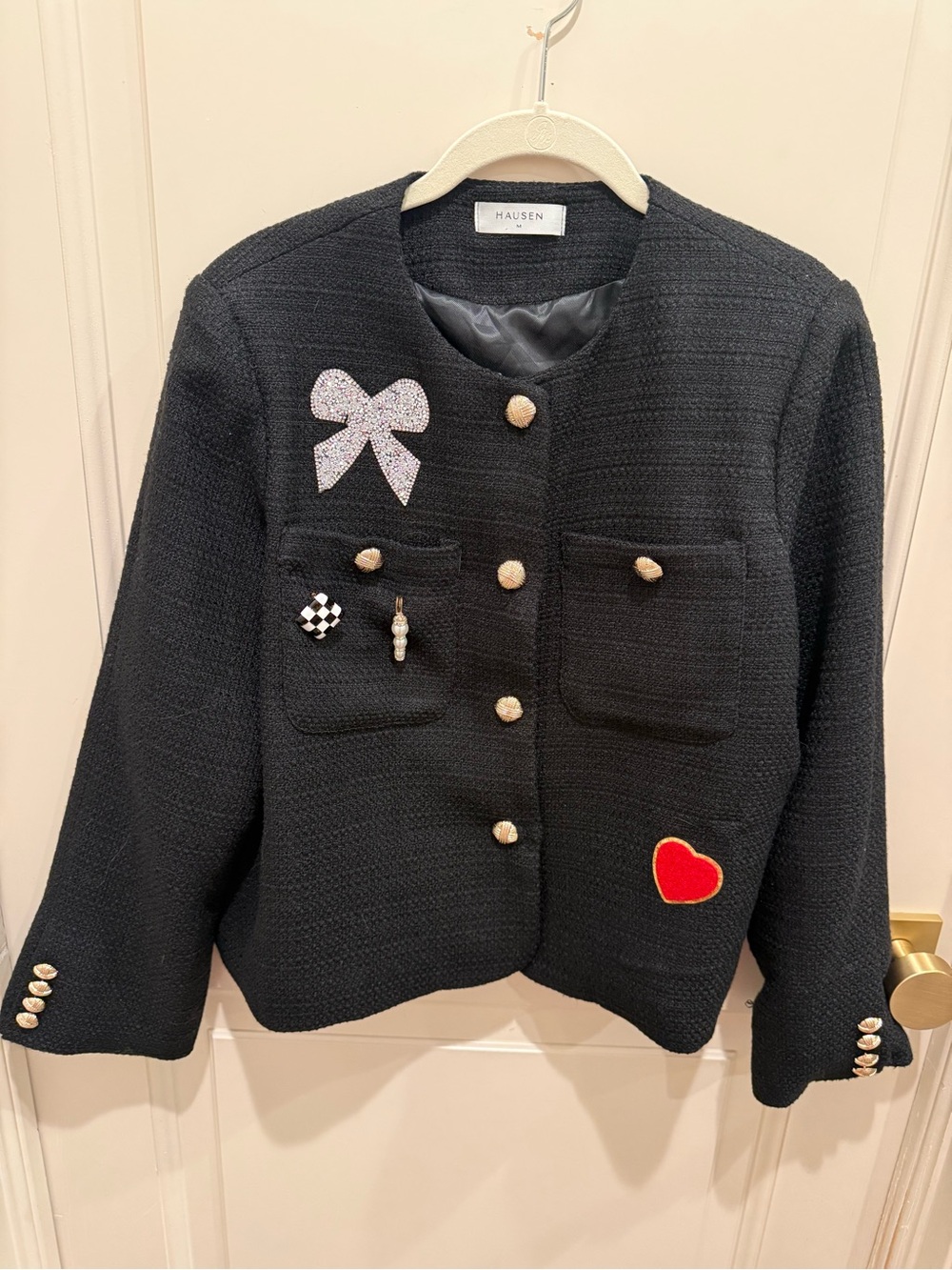 Hausen Black Tweed Jacket with Heart & Bow Patches & Embellishments